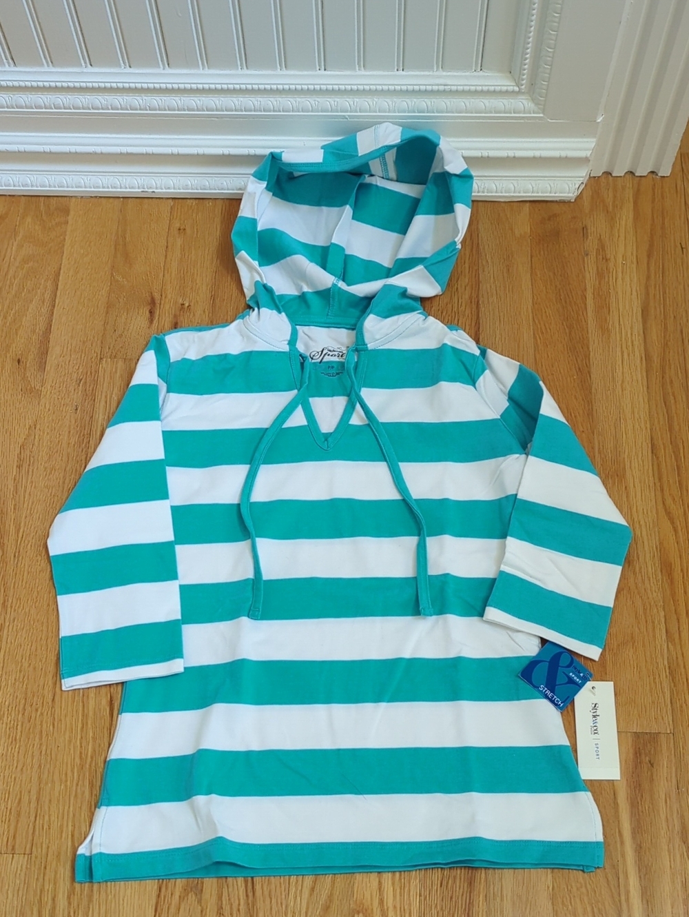 Style & Co. Turquoise and White Striped Hooded Tunic